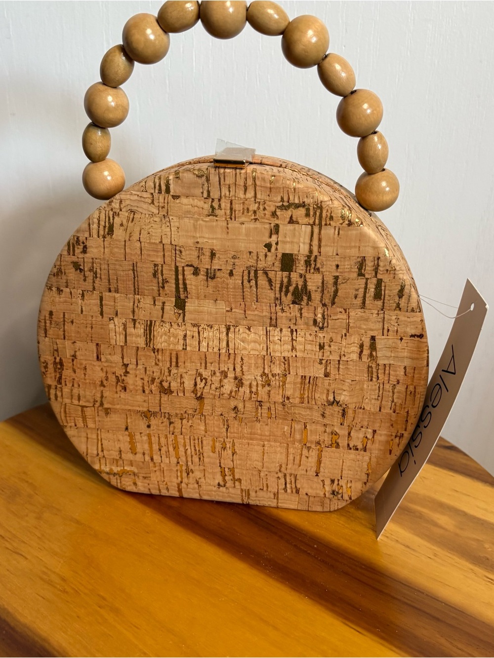 NWT Round Cork & Gold Foul Wood Bead Top Handle Gold Chain Crossbody Minimalist